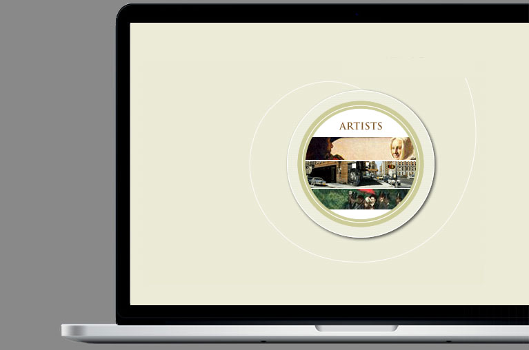 circular image depicting artists and methods on a laptop interface